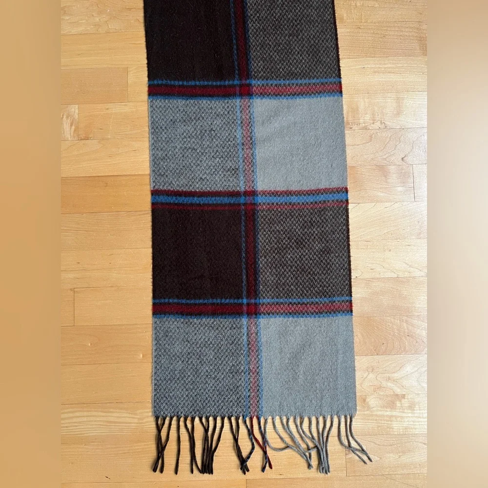 🐑Woodward Plaid Cashmere Wool Fringed Scarf | Taupe Brown Blue + Red